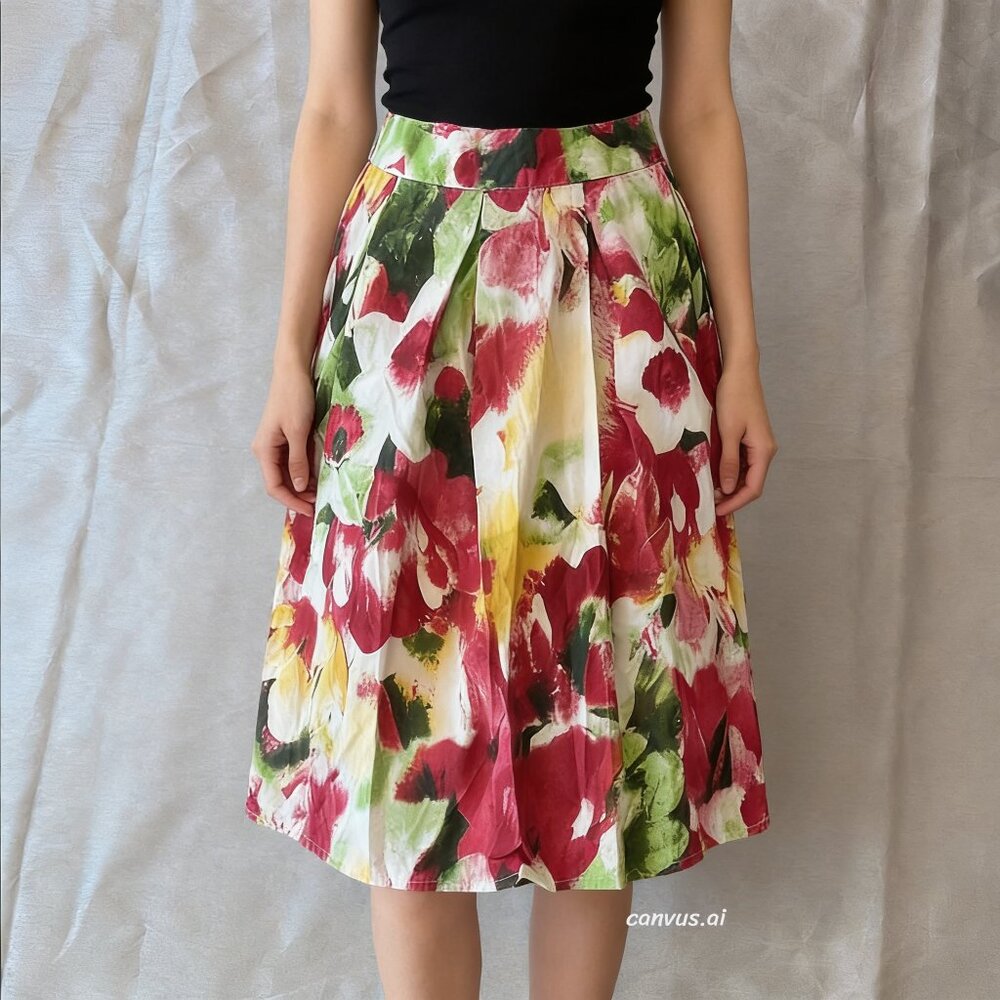 Unique Vintage Red and Green Floral Mini Skirt